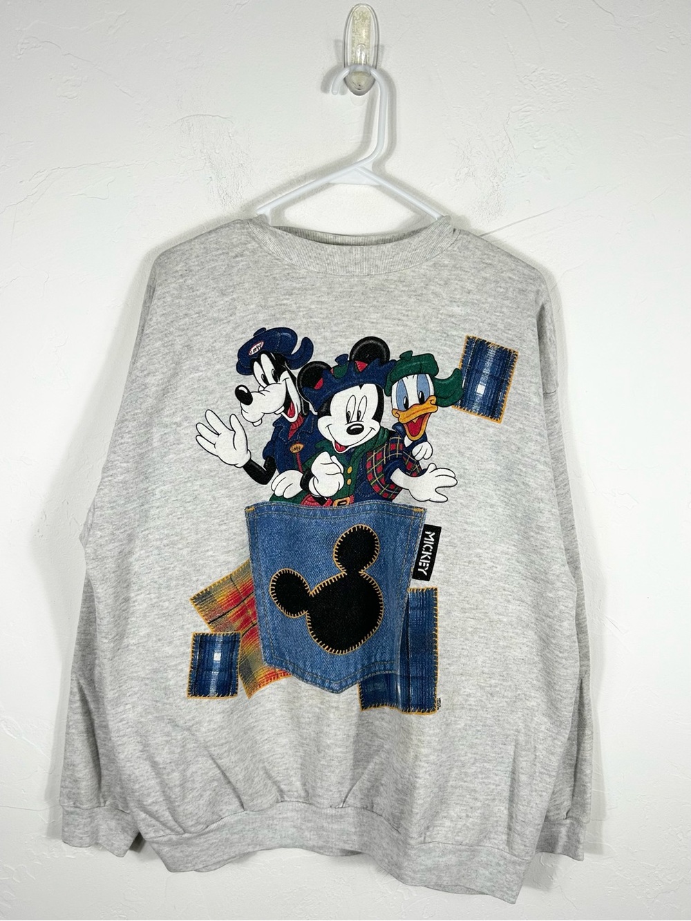 👁️ VTG 90s Mickey Unlimited Crewneck Sweatshirt Gray Made in USA Plaid Patchwork